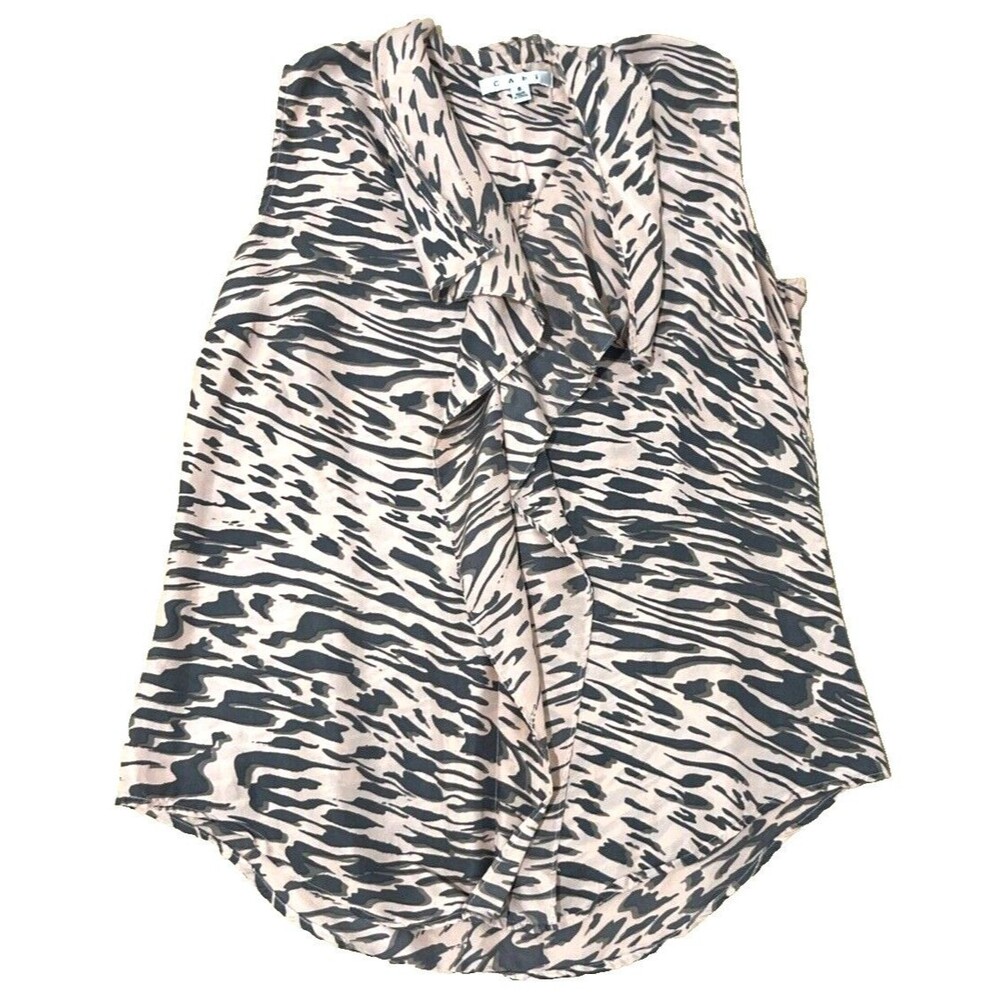 CAbi Pink Brown Animal Print 100% Silk Sleeveless Ruffle Blouse Womens Size S